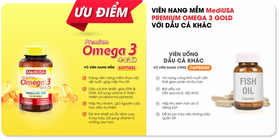 VIÊN NANG MỀM MediUSA PREMIUM OMEGA 3 GOLD VỚI DẦU CÁ KHÁC